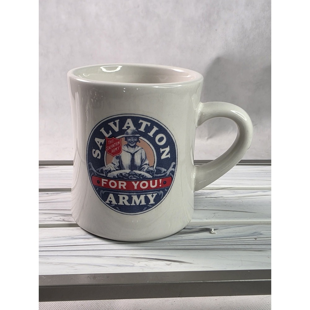 Vtg SALVATION ARMY logo restaurantware chunky ironstone coffee mug doughnut girl